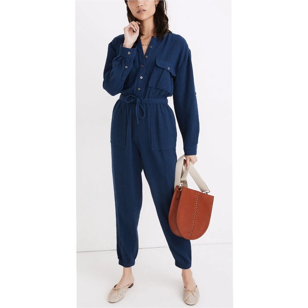 Madewell Tapered-Leg Cotton Jumpsuit with Banded Collar & Flap Pockets Size 0